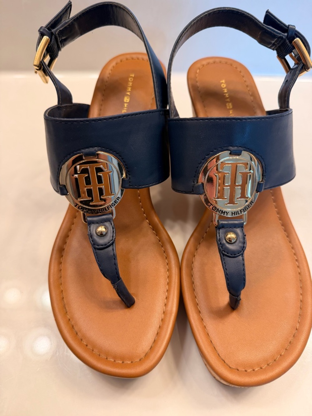 Tommy Hilfiger Navy Leather T-Strap Sandals with Gold Logo